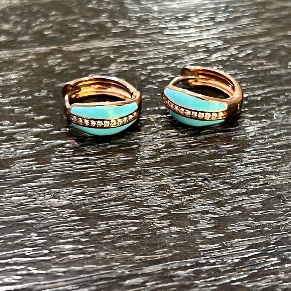 Copper and turquoise jeweled mini hoop earrings. - Picture 2 of 3